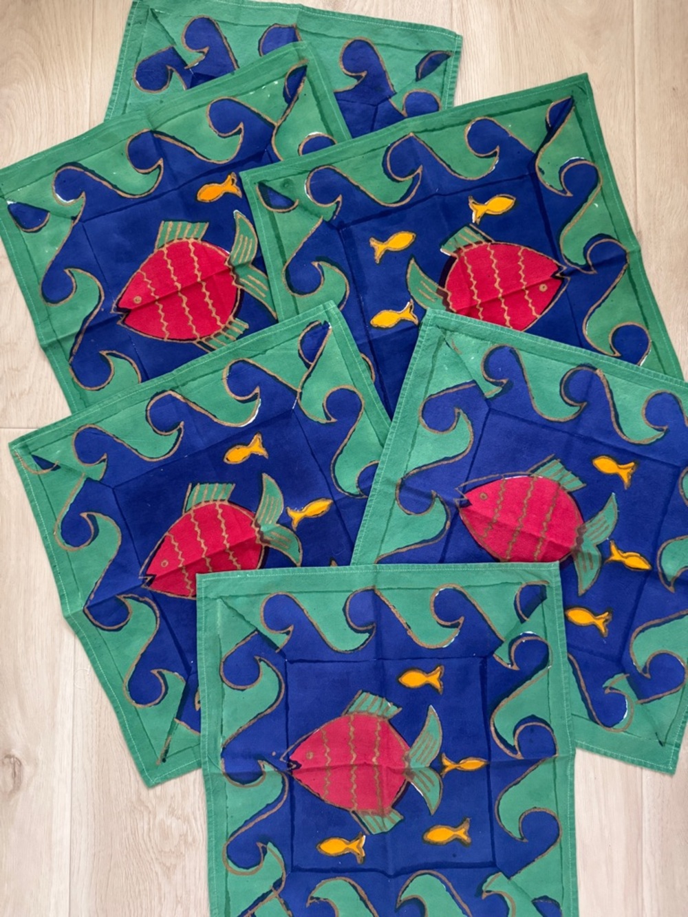 VTG Colorful Handmade Beach Theme Fish Napkins Set of 6 Made in India Cotton